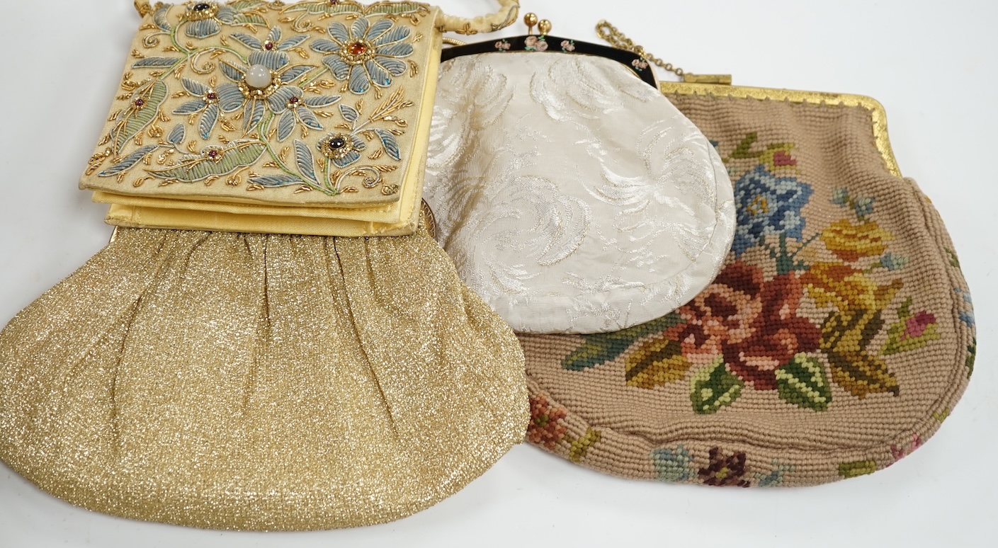 A collection of mixed wool worked, suede and embroidered evening bags and two purses (9). Condition - fair to good